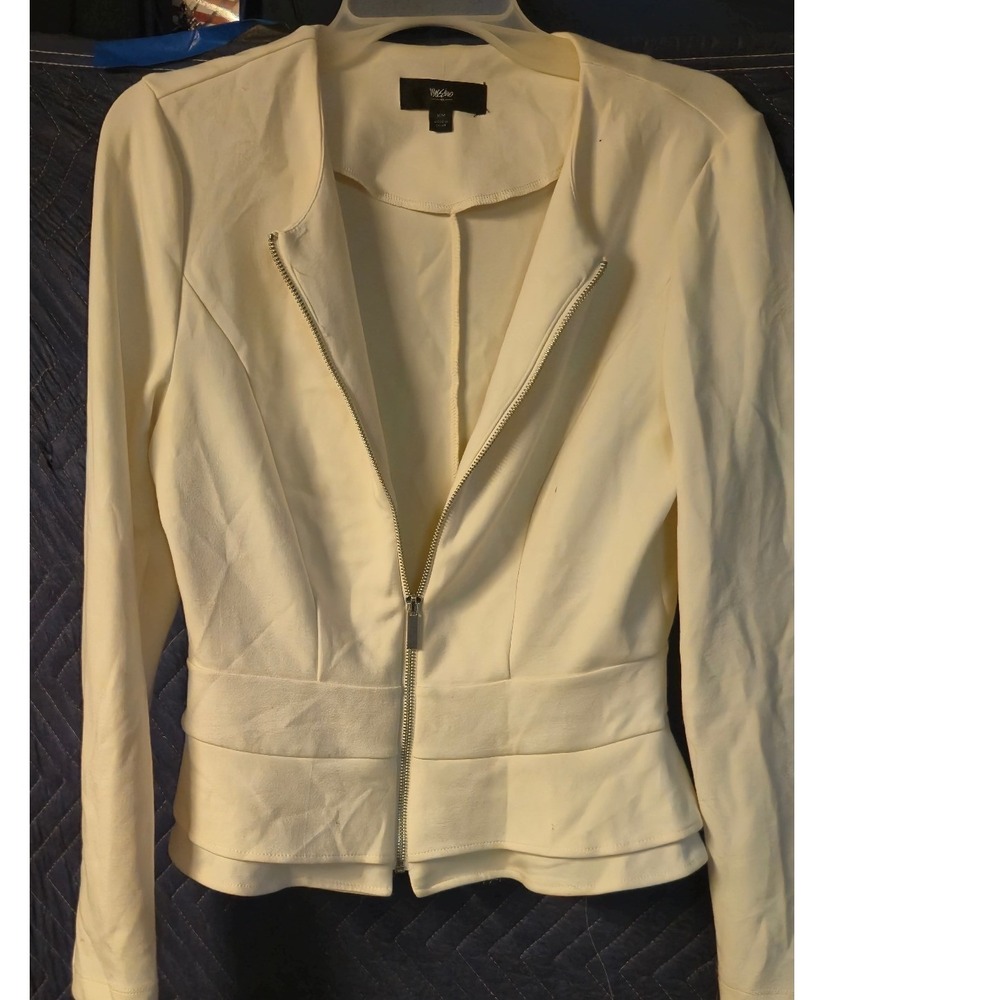 Mossimo Cream Peplum Zip Up Blazer Jacket‎ Womens Medium Collarless Stretch